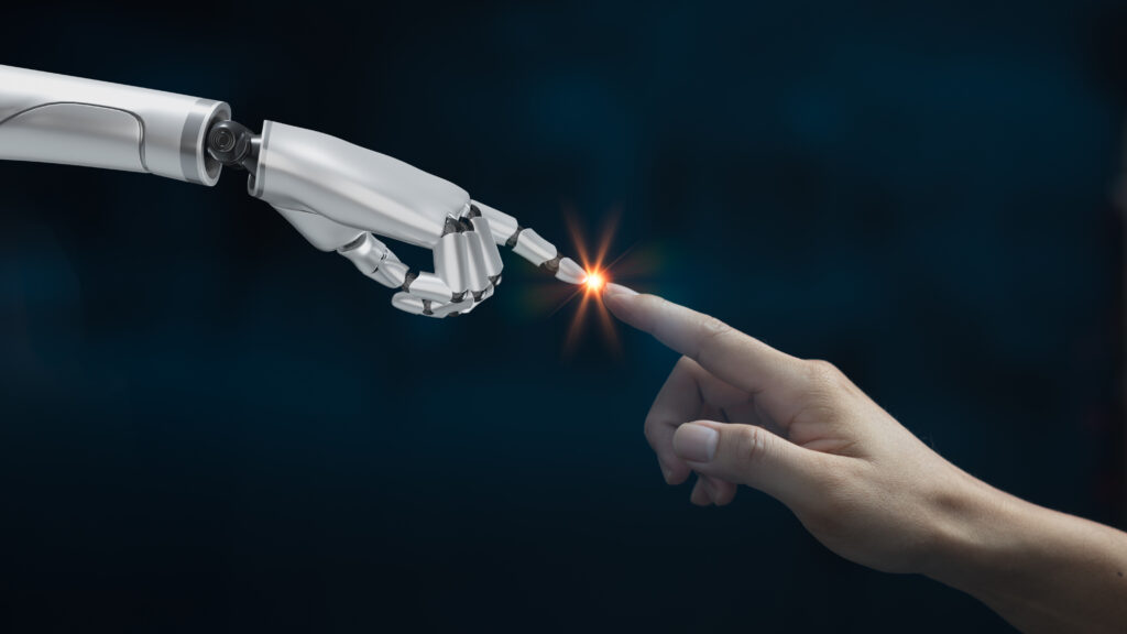 Ręka ludzki palec dotykowy cyborg robot biały rendering 3d.